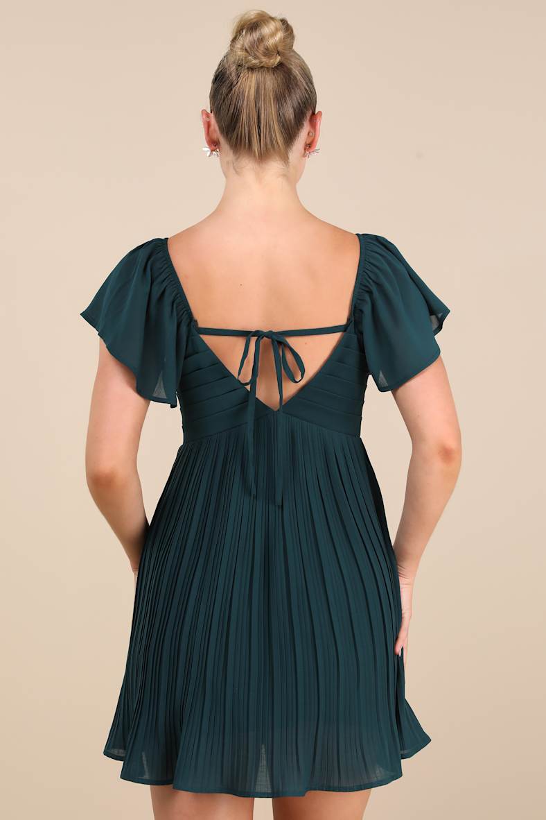 Amalfi Coast Emerald Pleated Flutter Sleeve Mini Dress