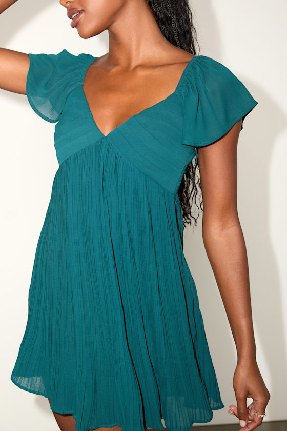 Emerald Mini Dress - Pleated Mini Dress - Flutter Sleeve Dress - Image 2