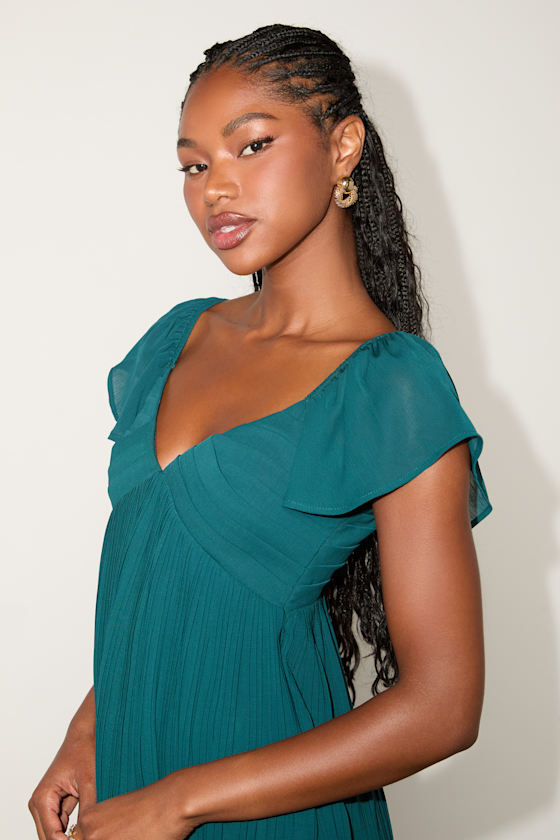 Emerald Mini Dress - Pleated Mini Dress - Flutter Sleeve Dress - Image 5