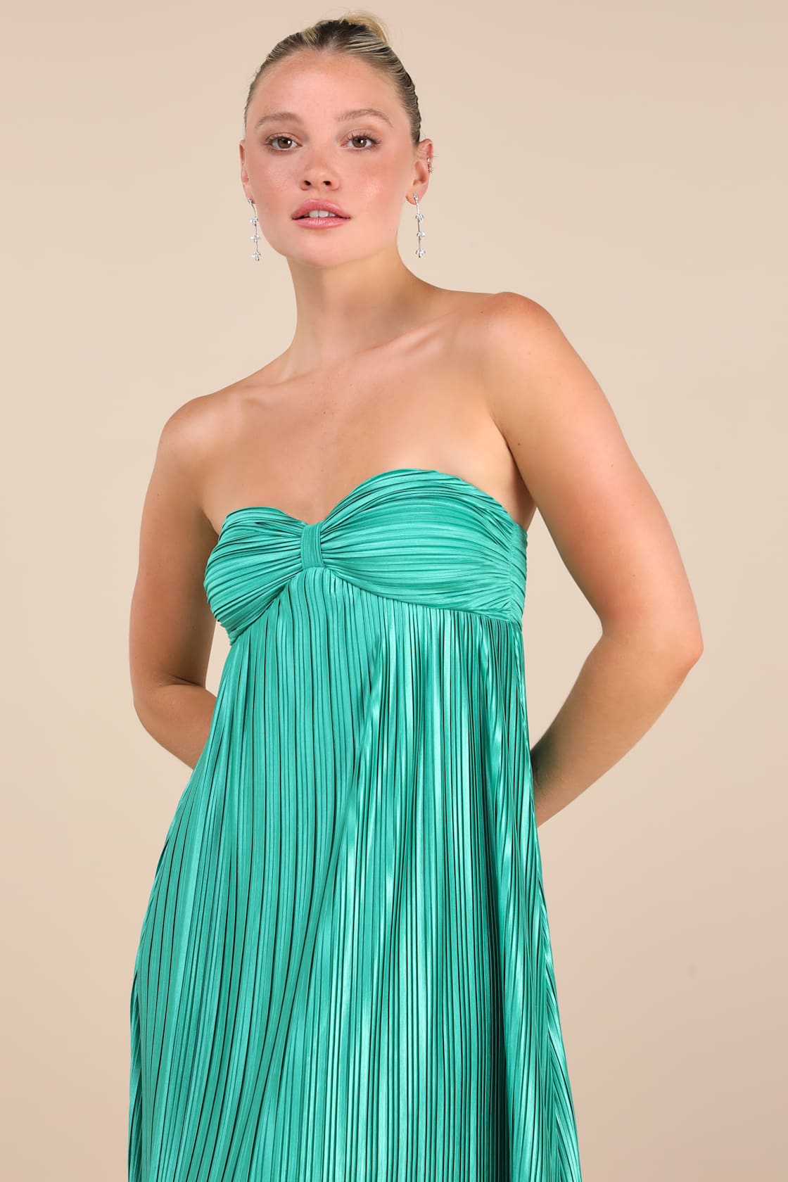 Whimsical Beauty Teal Green Satin Plisse Strapless Maxi Dress