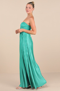 Whimsical Beauty Teal Green Satin Plisse Strapless Maxi Dress 7