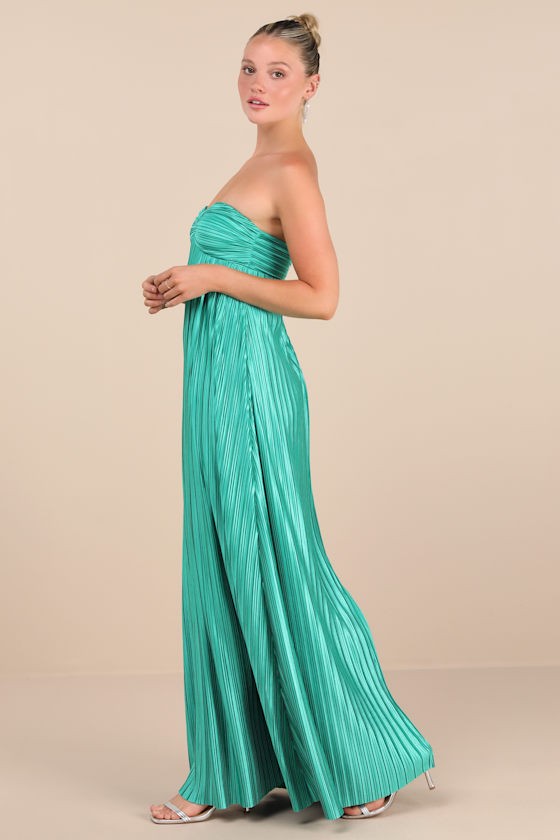 Whimsical Beauty Teal Green Satin Plisse Strapless Maxi Dress 7