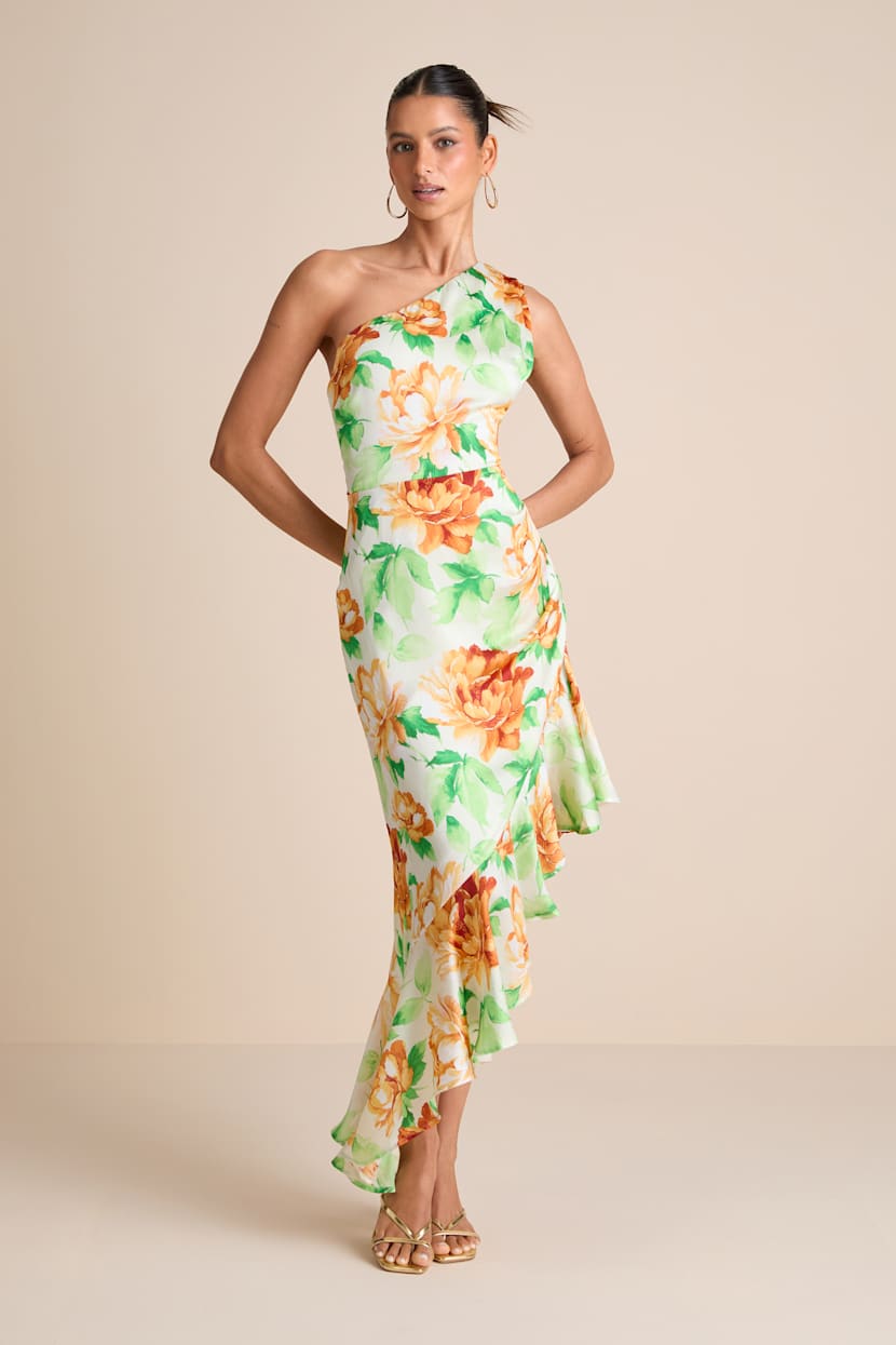 White Multi Floral Dress - One-Shoulder Midi Dress - Satin Dress - Lulus