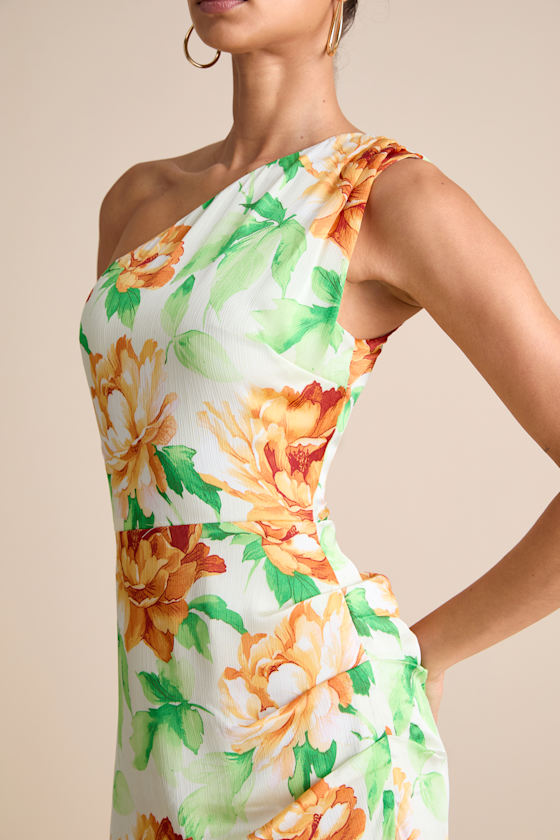 White Multi Floral Dress - One-Shoulder Midi Dress - Satin Dress