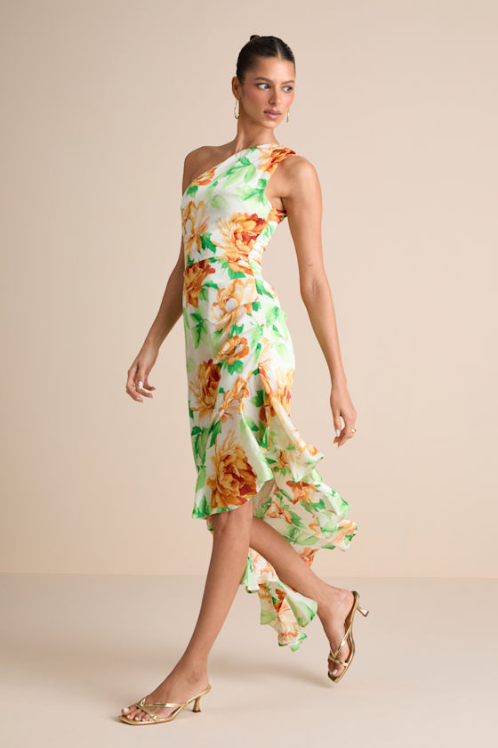 White Multi Floral Dress - One-Shoulder Midi Dress - Satin Dress