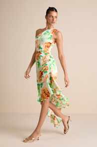 Divinely Blooming White Multi Floral One-Shoulder Midi Dress 3