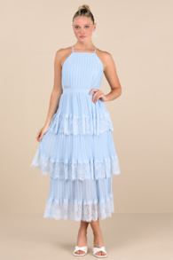 Came For Cocktails Light Blue Pleated Tiered Lace Maxi Dress 2