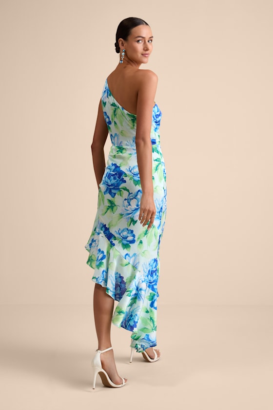 Lime Multi Floral Dress - One-Shoulder Midi Dress - Satin Dress