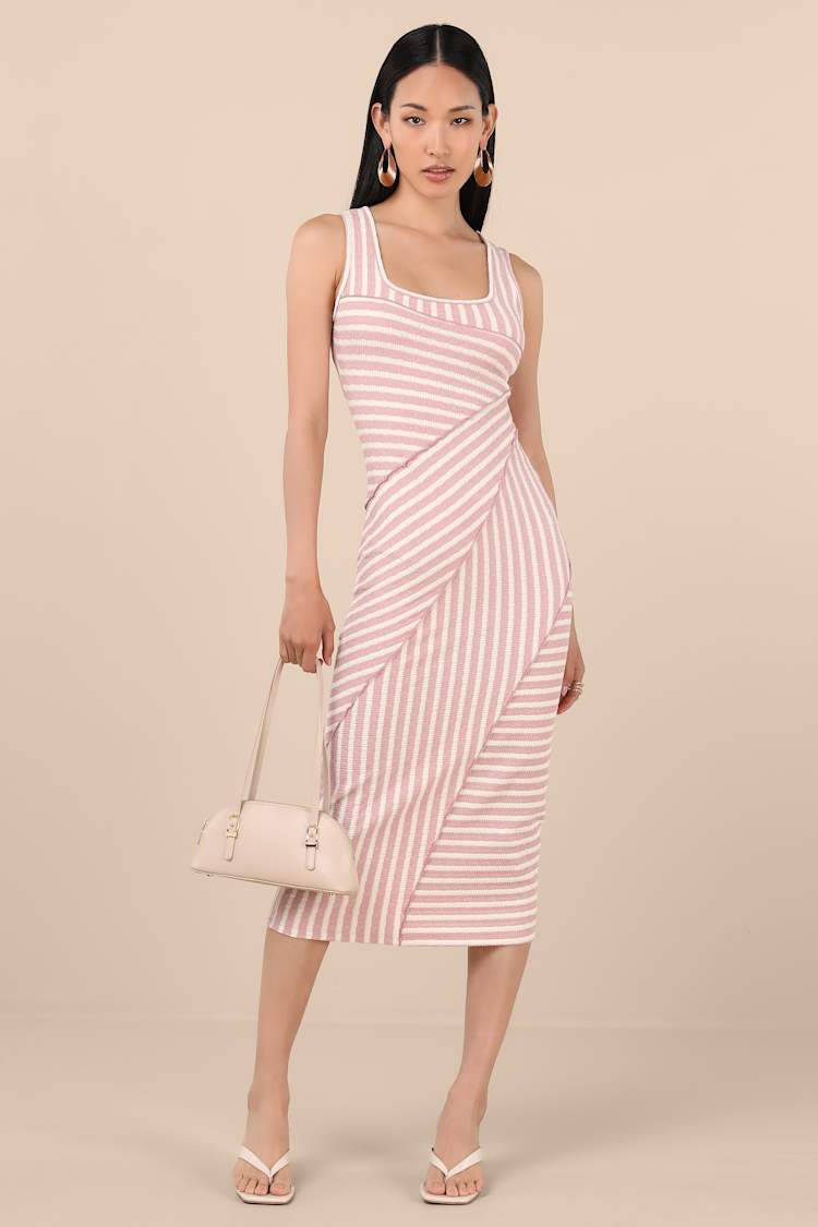 Constantly Trendy Blush Striped Crinkle Bodycon Midi Dress