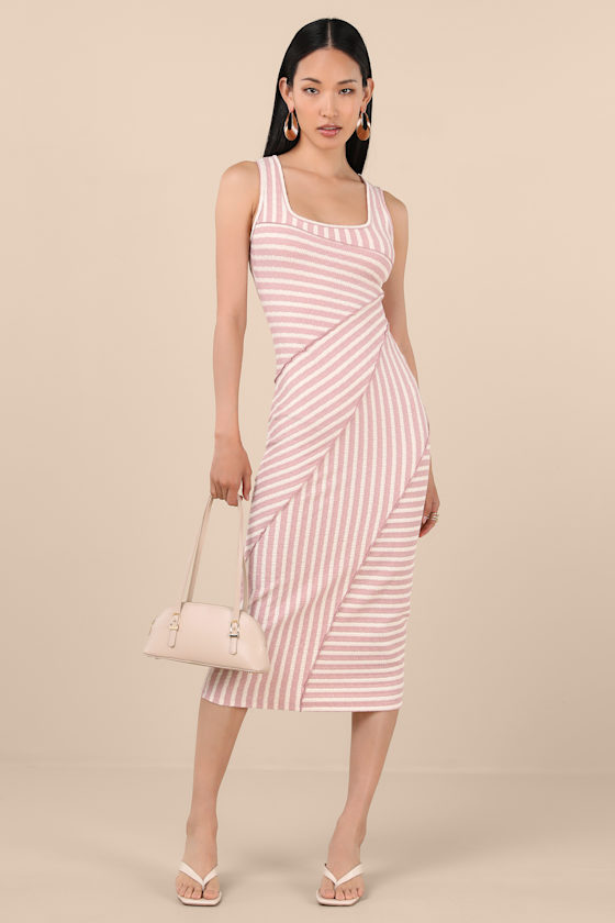 Constantly Trendy Blush Striped Crinkle Bodycon Midi Dress 1