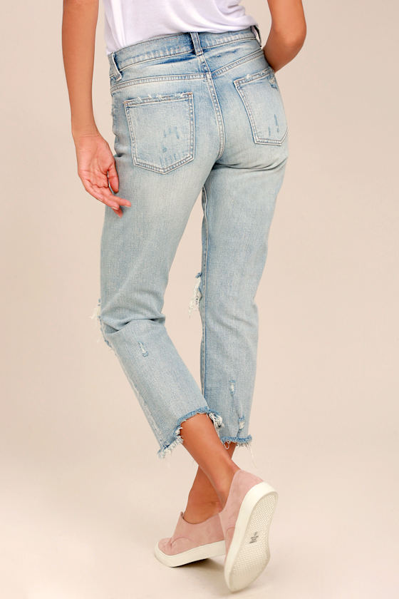 Light Wash Jeans Distressed Skinny Jeans Raw Hem Jeans