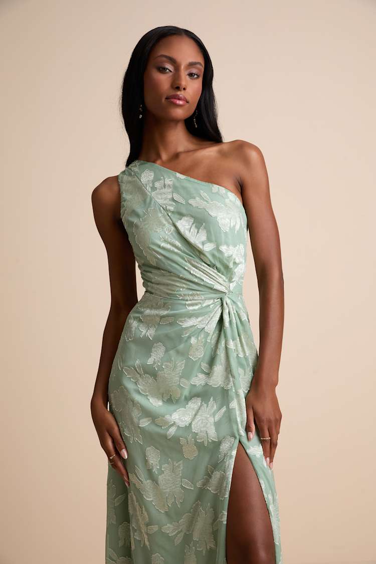 Renni Sage Green Floral Jacquard One-Shoulder Maxi Dress