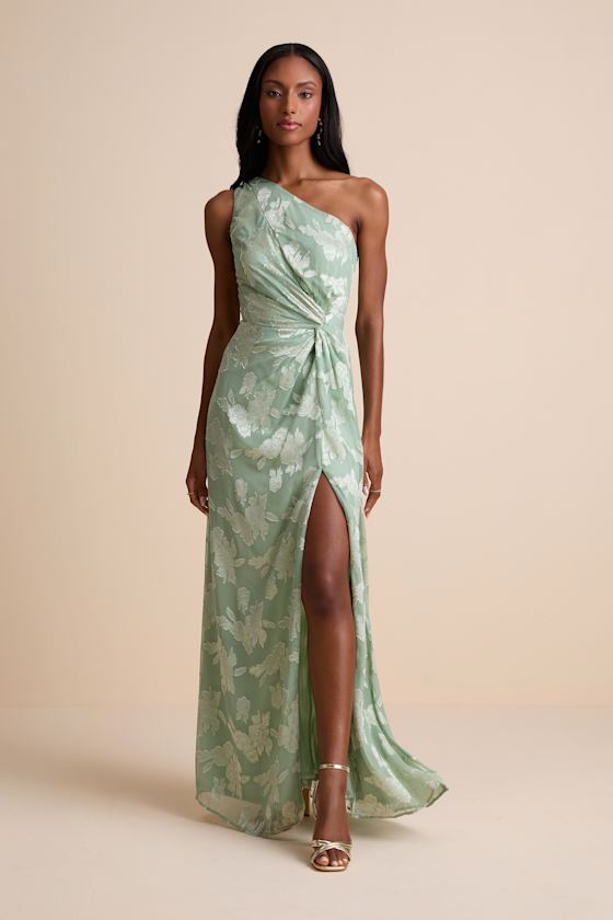 Image of Renni Sage Green Floral Jacquard One-Shoulder Maxi Dress