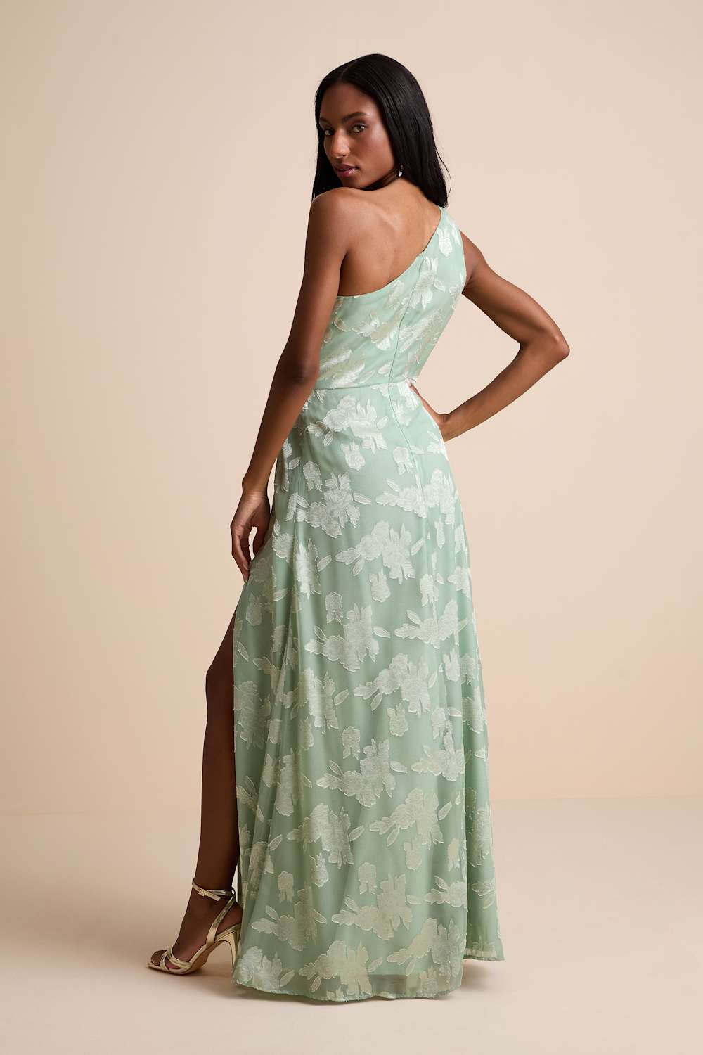 Renni Sage Green Floral Jacquard One-Shoulder Maxi Dress