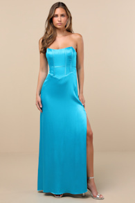 Extraordinary Presence Aqua Blue Satin Strapless Maxi Dress 1