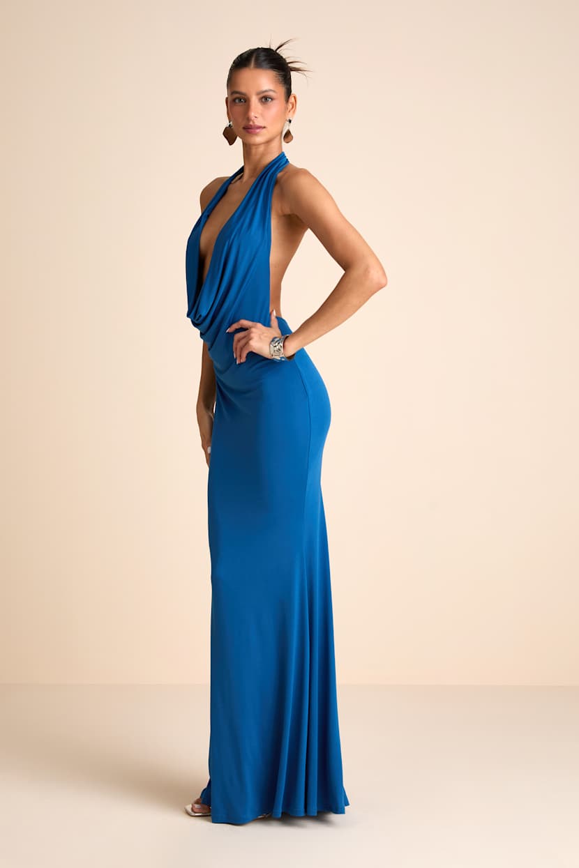 Eye-Catching Silhouette Blue Cowl Neck Halter Maxi Dress