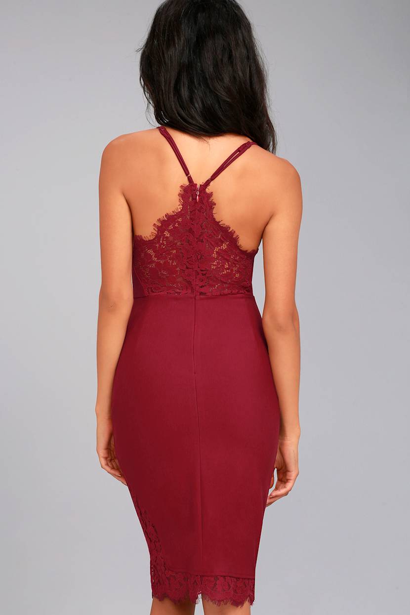 burgundy lace bodycon dress Lace Bodycon Wrap Midi Dress in Burgundy