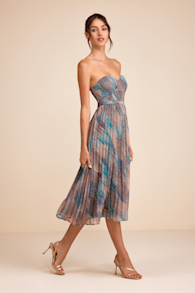 Juniva Teal Multi Abstract Print Pleated Bustier Midi Dress 2