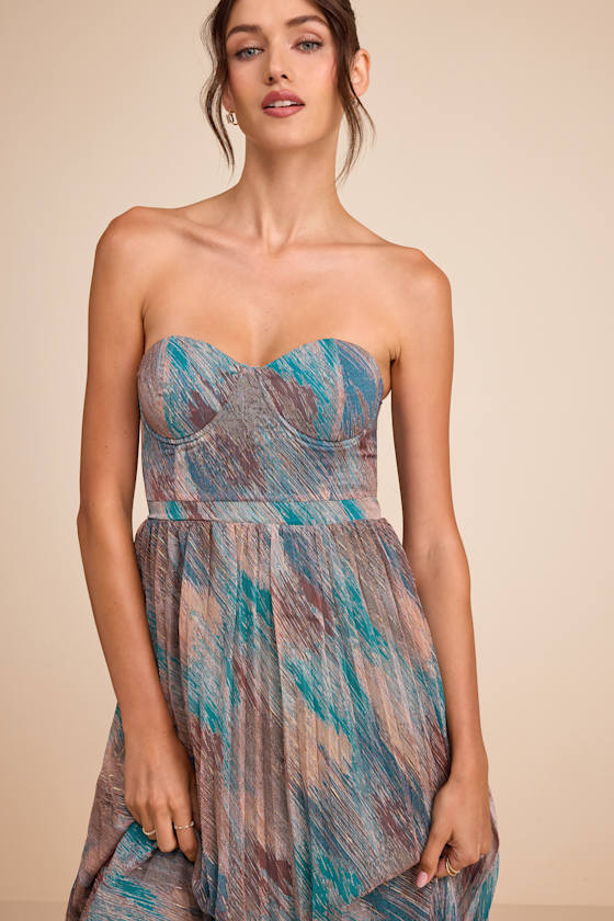 Juniva Teal Multi Abstract Print Pleated Bustier Midi Dress 3