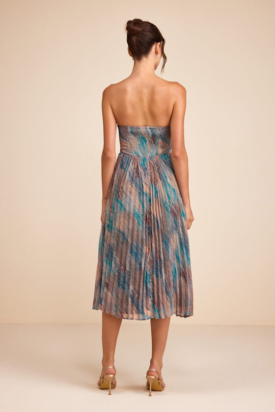 Juniva Teal Multi Abstract Print Pleated Bustier Midi Dress - thumbnail 3