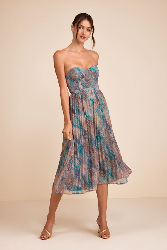 Juniva Teal Multi Abstract Print Pleated Bustier Midi Dress - thumbnail 4
