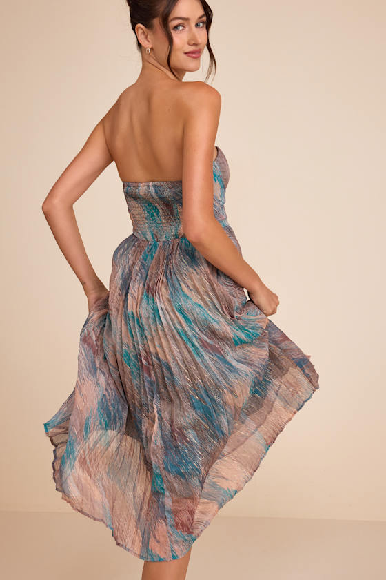Juniva Teal Multi Abstract Print Pleated Bustier Midi Dress - thumbnail 5