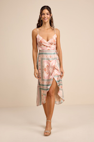 Bensley Beige Multi Print Satin Wrap Midi Dress 1