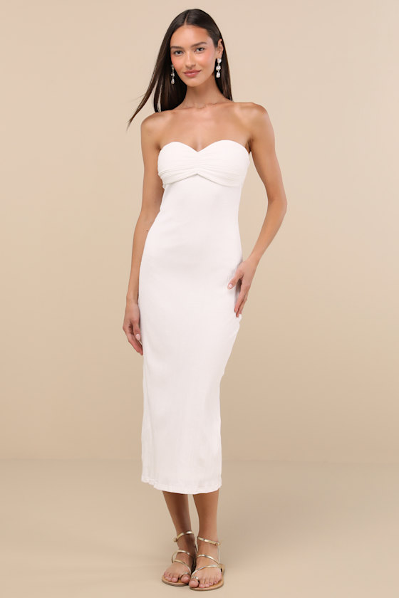 Basilia White Ribbed Strapless Midi Dress 2
