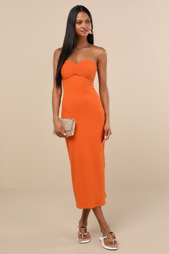 Orange Ribbed Strapless Midi Dress | Womens | X-Large | 100% Polyester | Lulus