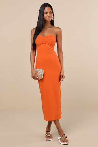 Basilia Orange Ribbed Strapless Midi Dress 1