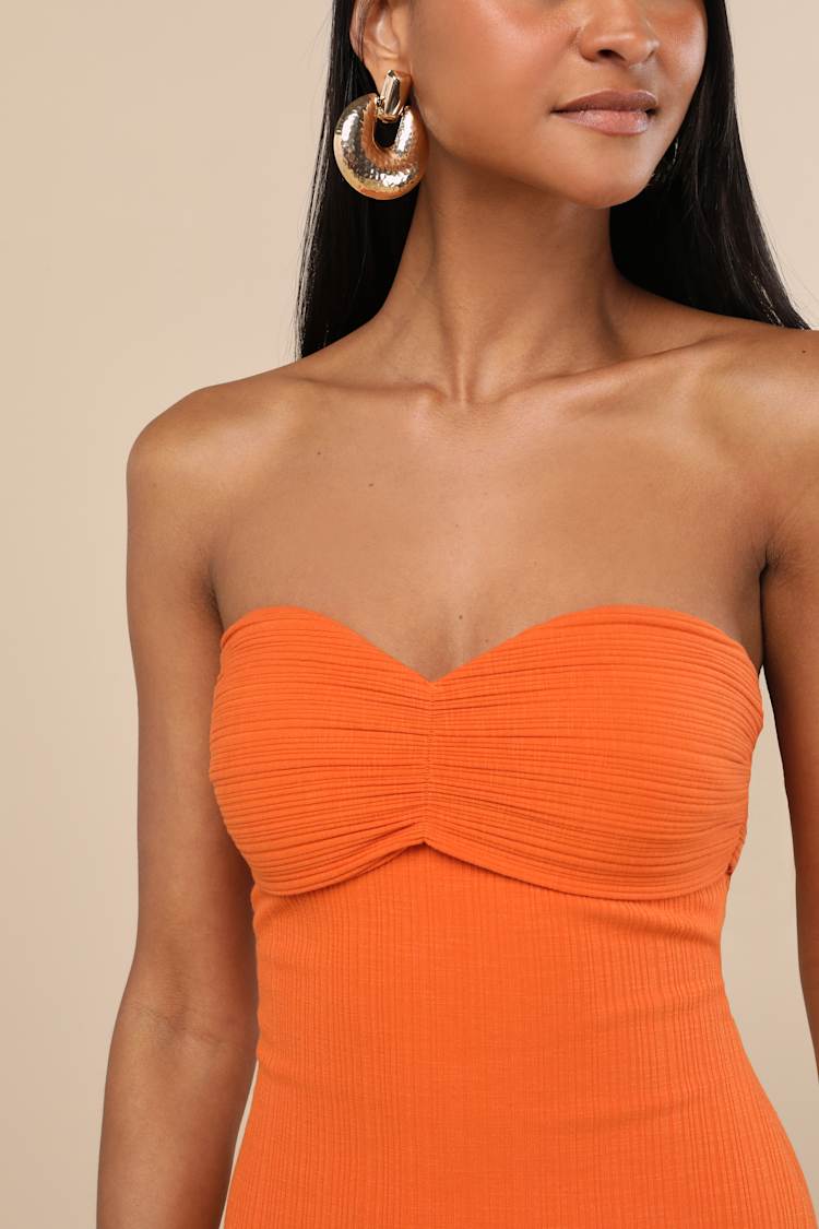 Basilia Orange Ribbed Strapless Midi Dress