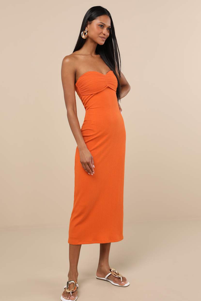 Basilia Orange Ribbed Strapless Midi Dress