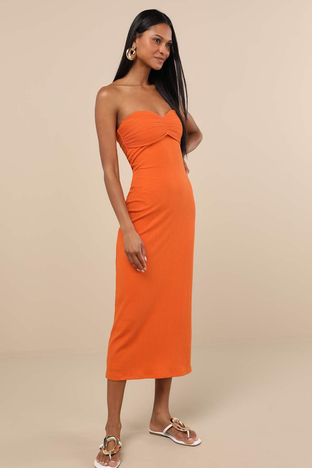 Basilia Orange Ribbed Strapless Midi Dress