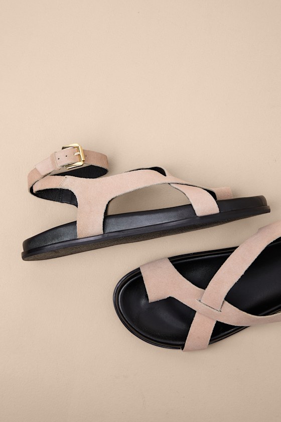 Fritz Beige Suede Leather Strappy Flat Sandals - thumbnail 2