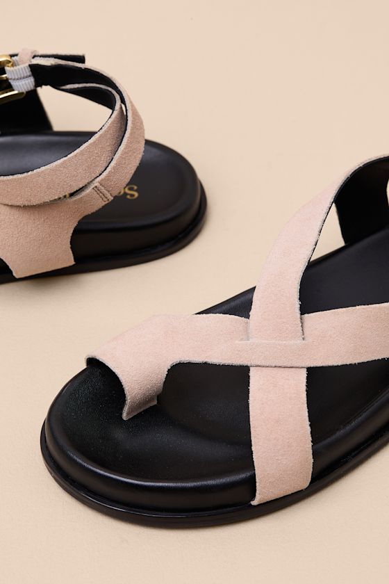 Fritz Beige Suede Leather Strappy Flat Sandals - thumbnail 5
