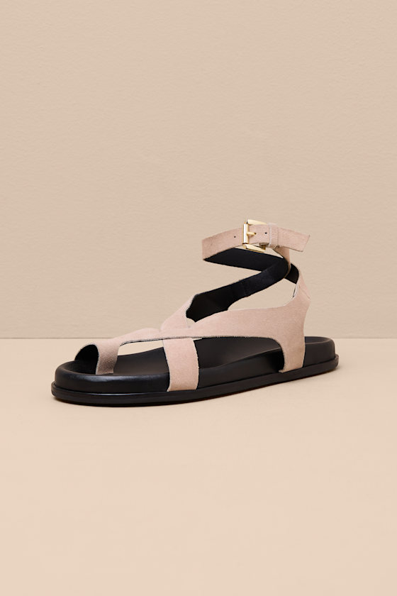 Fritz Beige Suede Leather Strappy Flat Sandals - thumbnail 6