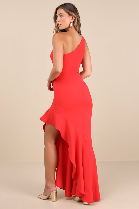 Dramatic Persona Bright Orange One-Shoulder Ruffled Maxi Dress 4
