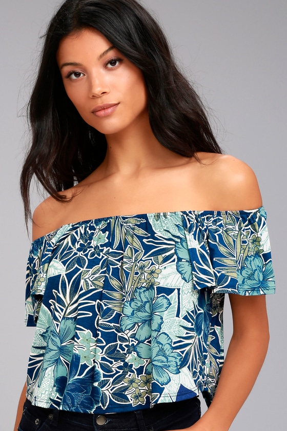 Tiki for Two Navy Blue Print Off-the-Shoulder Top