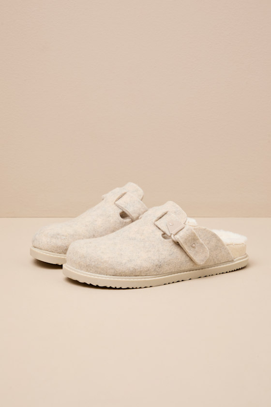 Portland Oatmeal Fuzzy Mule Slides 1