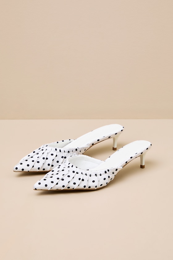 Baleia White Polka Dot Satin Kitten Heel Mule Pumps 1