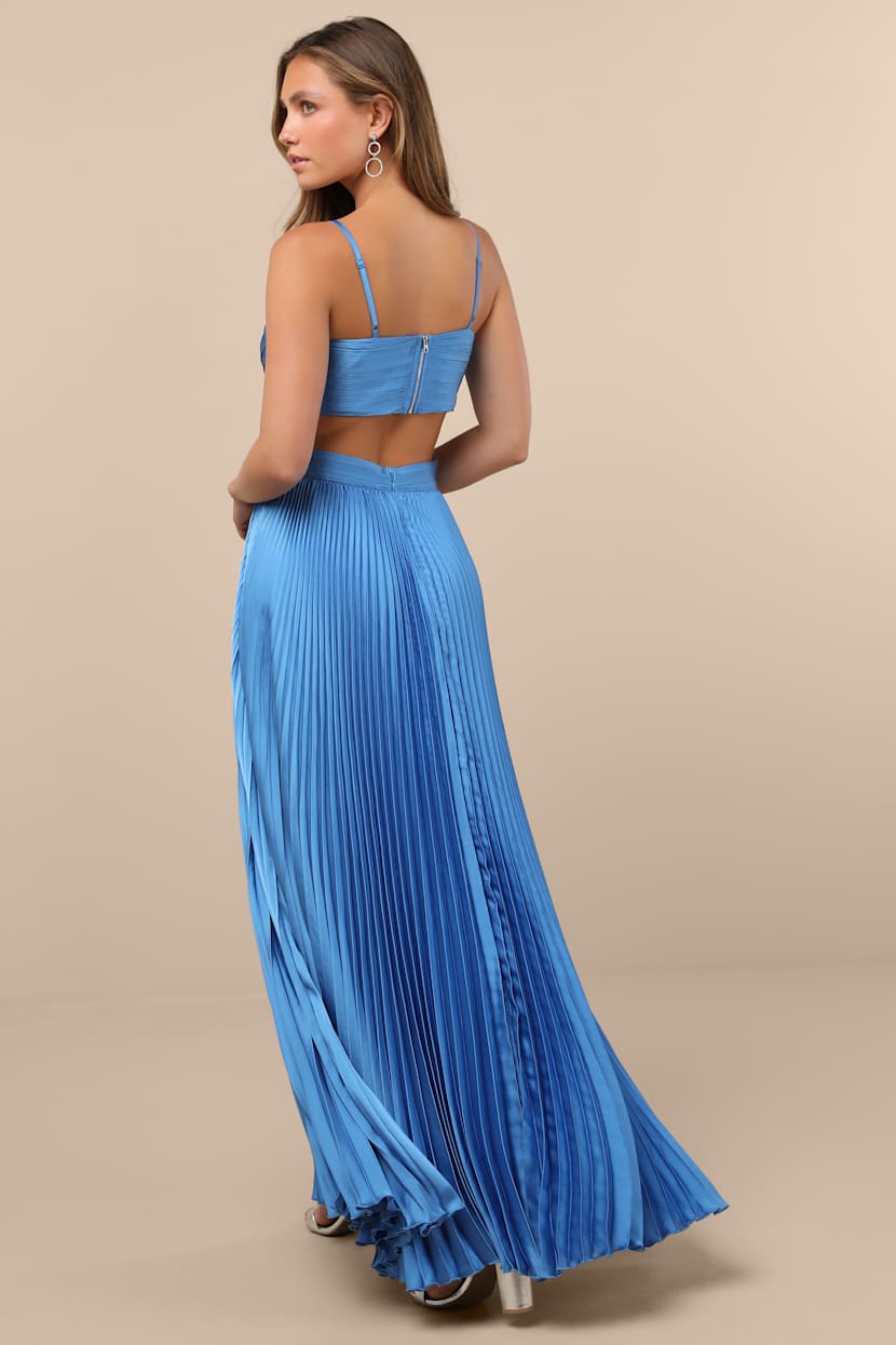 cut out pleated maxi dress Andra Blue Pleated Maxi Dress with Cutout Detail