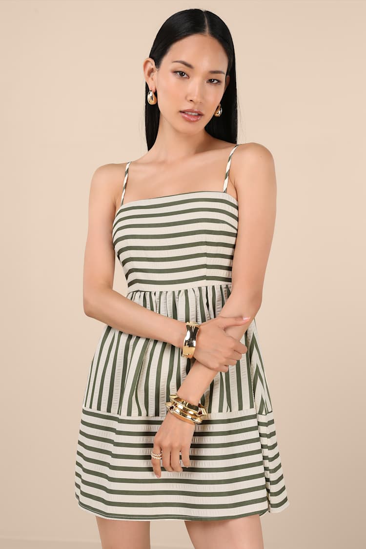 Yamila Olive Striped Textured Cutout Mini Dress