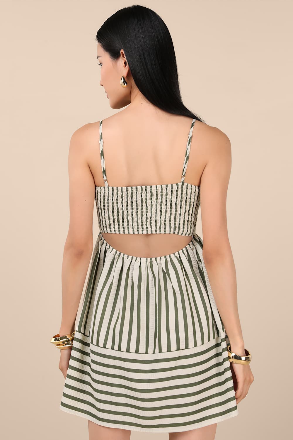Yamila Olive Striped Textured Cutout Mini Dress