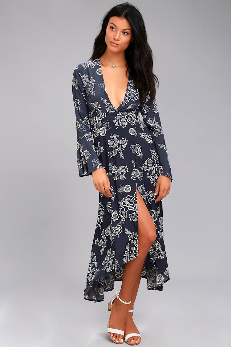 farm rio blue floral dress Farm Rio Maira Long Linen Floral Print Dress