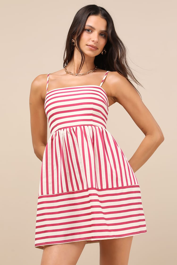 Yamila Fuchsia Striped Textured Cutout Mini Dress