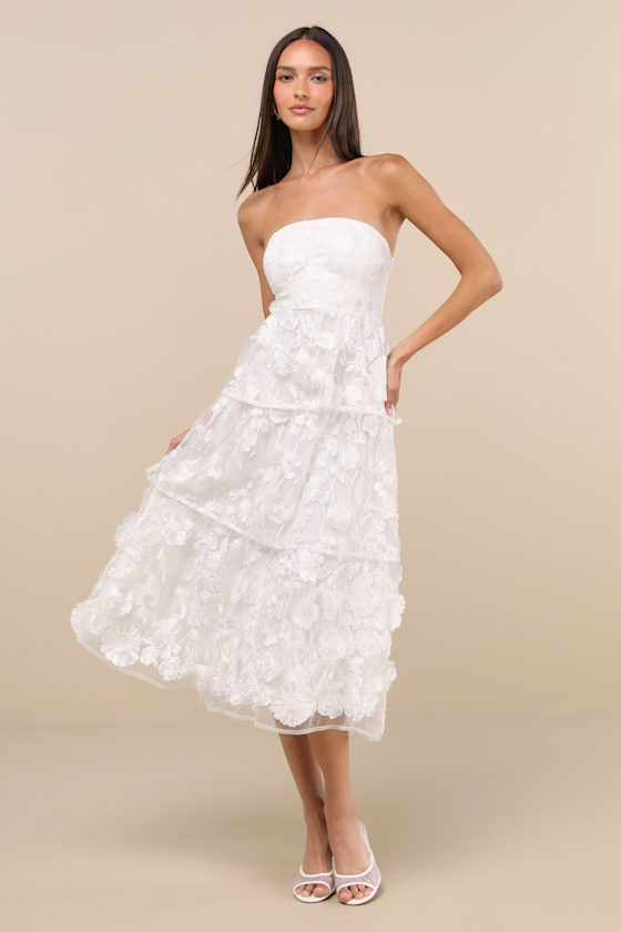White 3D Floral Appliques Tiered Midi Dress | Womens | Large | 100% Polyester | Lulus
