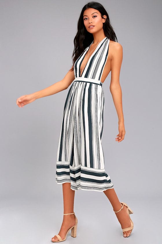 Faithfull the Brand Felix Navy Blue Striped Midi Jumpsuit 2