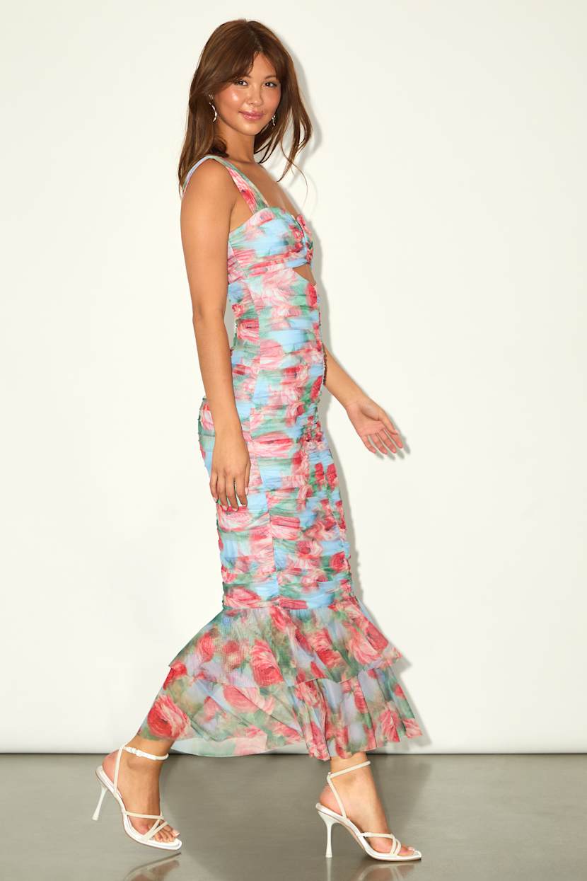 Aelara Light Blue Floral Mesh Ruched Trumpet Midi Dress