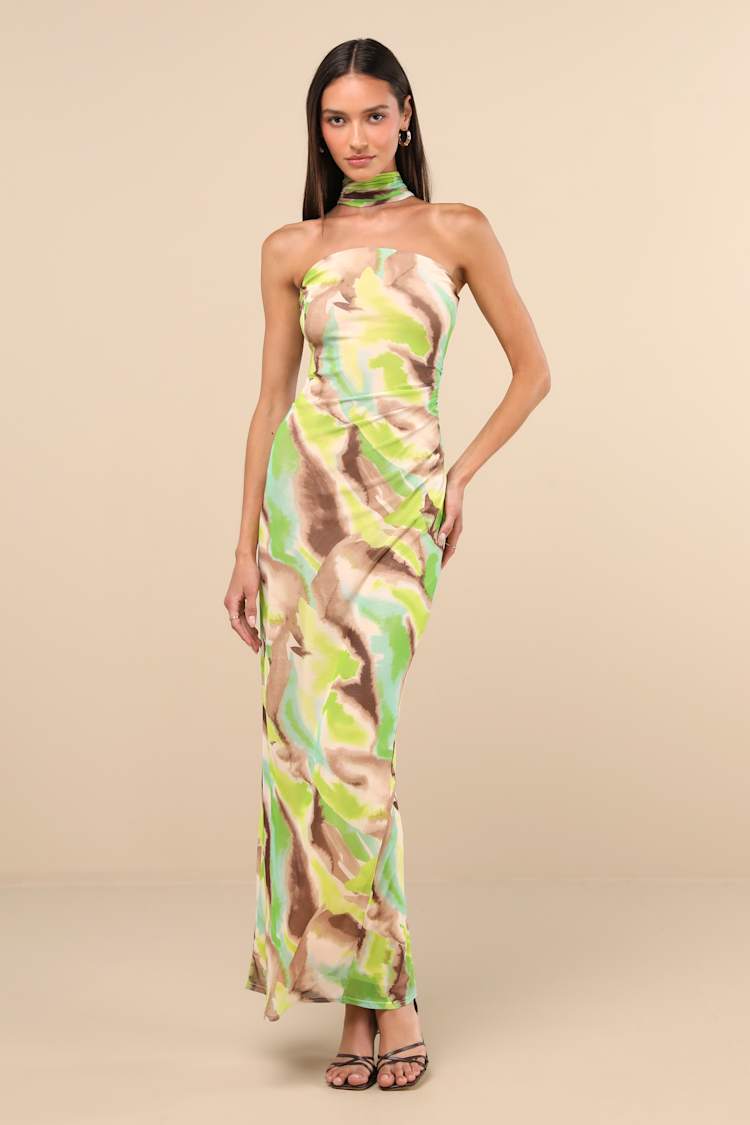 Green Multi Mesh Dress - Abstract Print Dress - Halter Neck Dress - Lulus