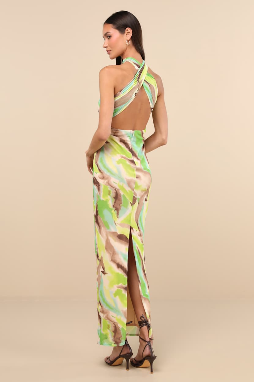 green abstract print plisse strappy maxi dress Selina Abstract Strapless Maxi Dress – VICI main image 0